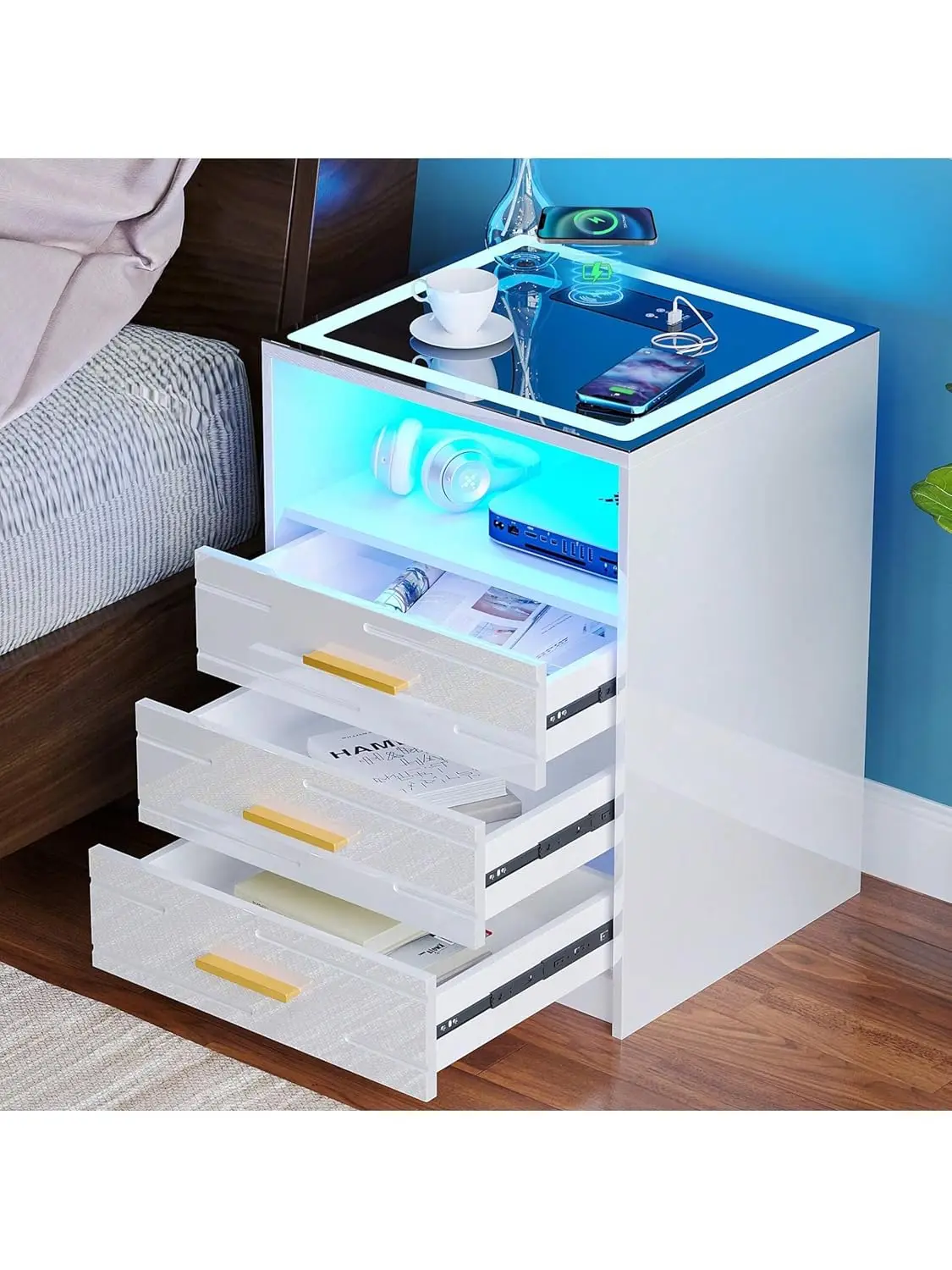 

RGB Nightstand with Wireless Charging Station, Auto Sensor 3 Color Dimmable Night Stand, Glass Top Bedside Table, Customized