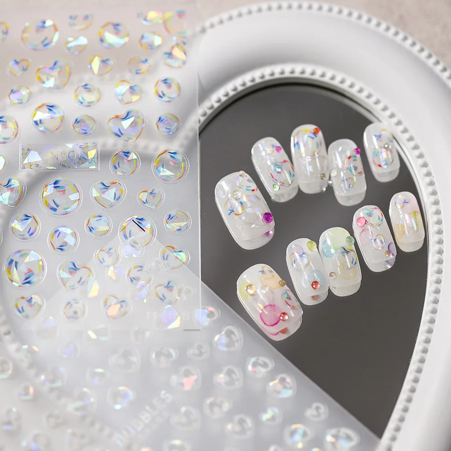 5D Light Bubble Nail Stickers Decoração de relevo macio Série de estampagem a quente Decalques pressionam unhas, DIY, Shell, 1pc