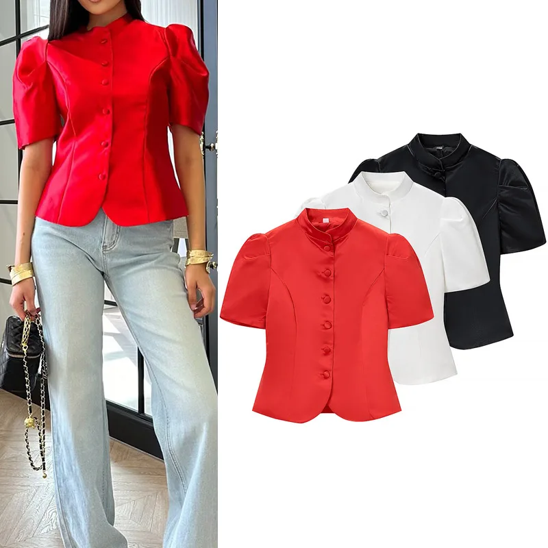 Women's Stand Collar Solid Color Blouse Short Bubble Sleeve Casual Single Breasted Daily Wear 2026 New