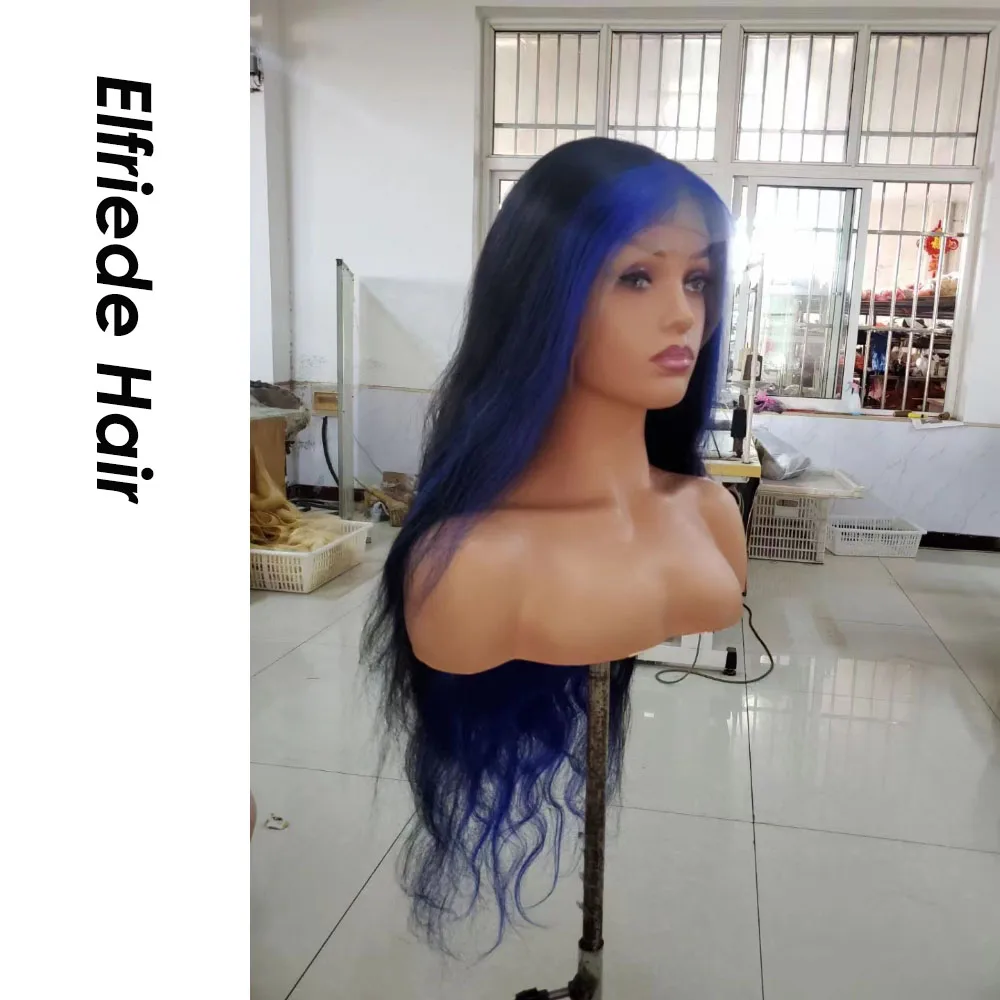 Elfriede Body Wave Black Blue Skunk Stripe Hair Wigs for Women 4x4 Lace Wig 13X4 13X6 HD Lace Frontal Wig 100% Human Hair Wigs