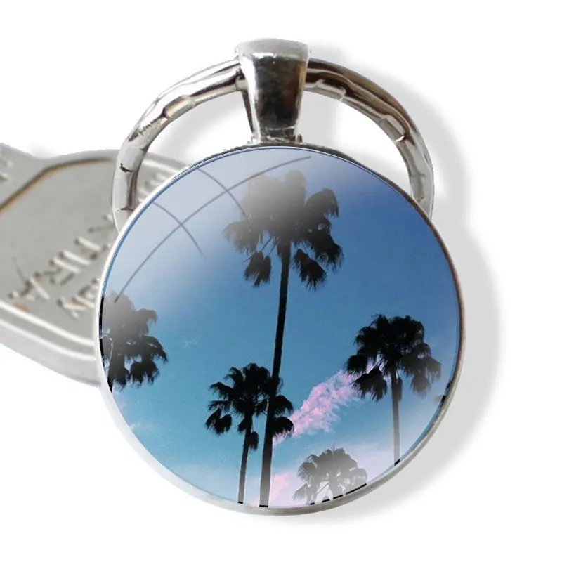 Porte-clés de voiture cabochon en verre transparent, housses souples, cadeaux de voyage, plage, Californie, mer, palmier