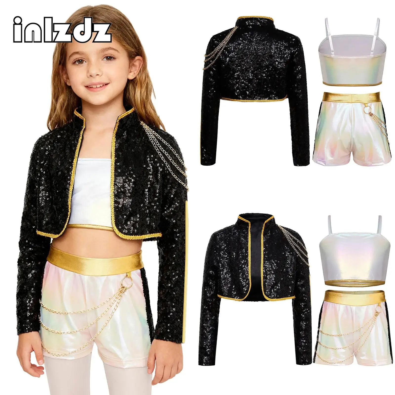 

Girls 3Pcs Demon Cosplay Singer Dance Outfit Halloween Iridescent Gloss Long Sleeve Trim Outer Wear+Gloss Waist Chain Shorts Set