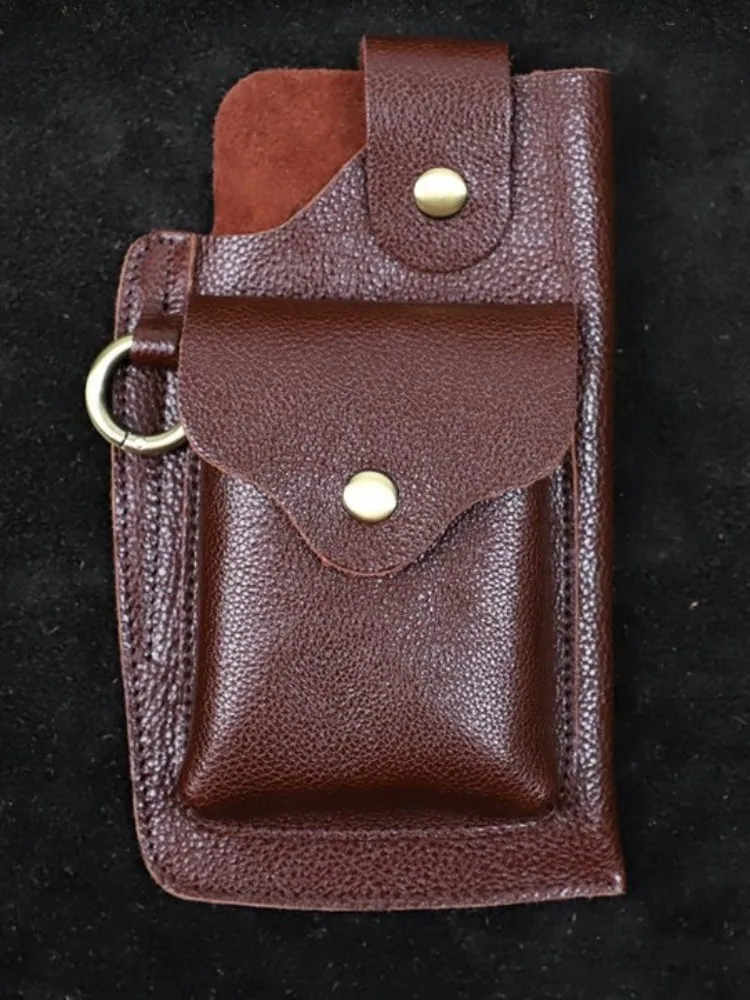 Mens Outside Genuine Leather Motorcycle Phone Bag Small Handmade Casual Buckle Solid Color Vintage Real Cowhide Waist Bags Male