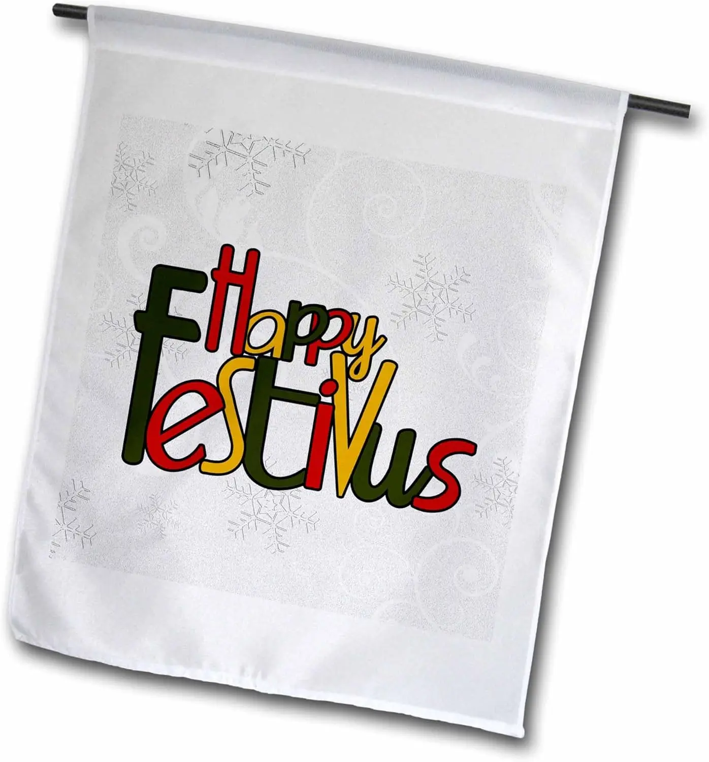 3dRose fl_101842_1 Happy Festivus in Red, Gold and Green with a Frosty Snowflake Background in Silver and White Garden Flag, 12