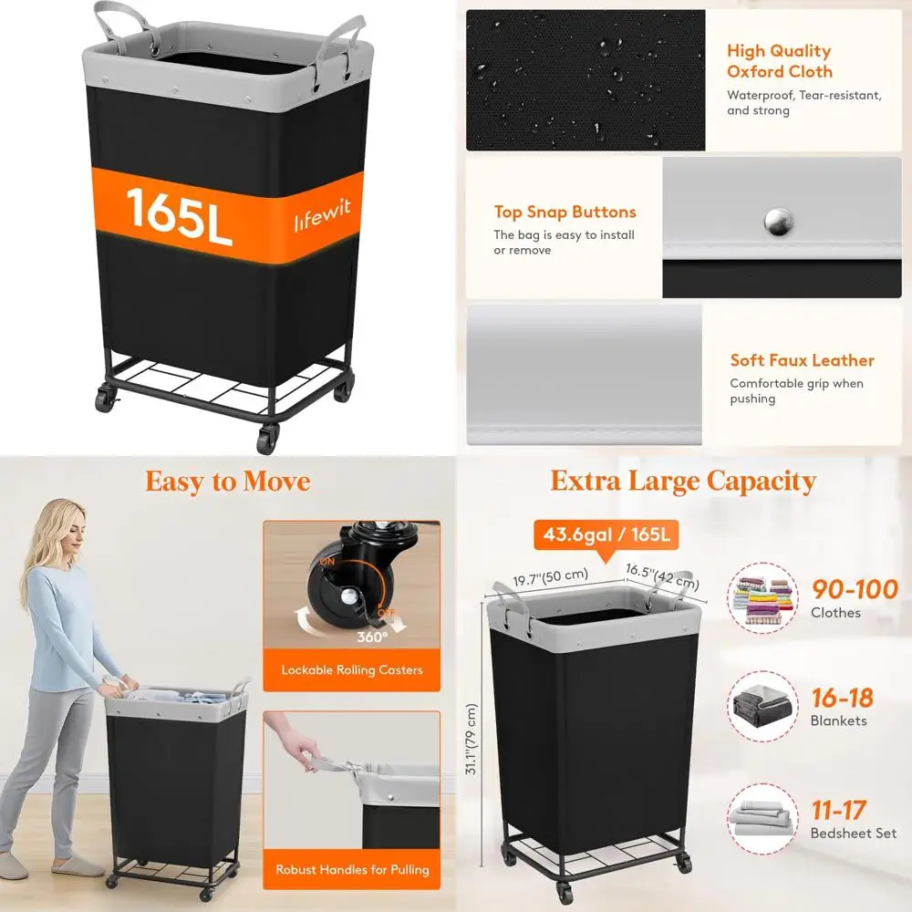 

Large Heavy-Duty Rolling Laundry Hamper with Wheels and Handles, 165L Capacity, Tall Steel Frame Commercial-Grade Laundry Basket