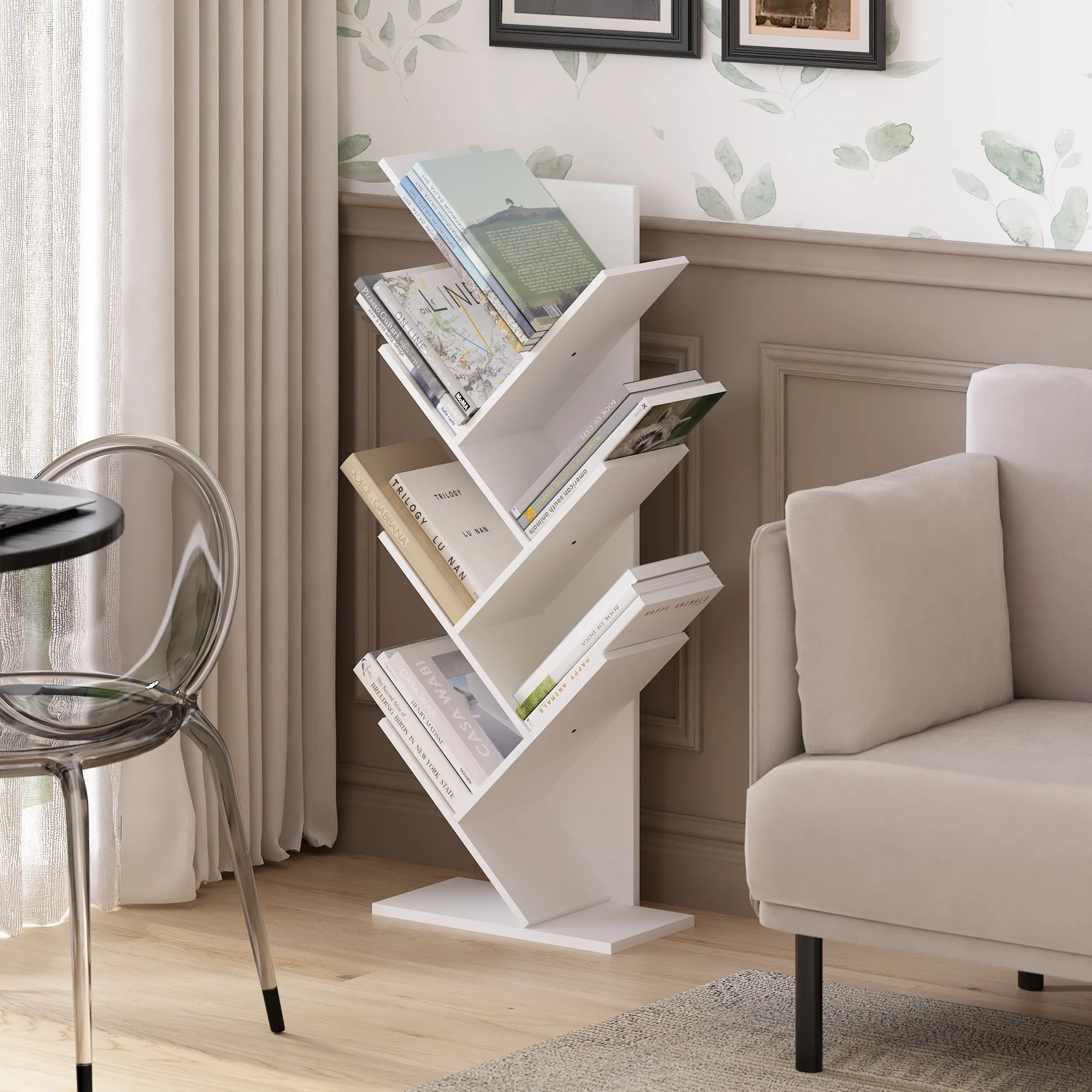 

7-Tier Floor Standing Tree-Shaped Bookshelf in White