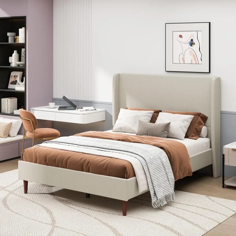 

Modern Linen Wingback Bed Frame with Tall Upholstered Headboard - Solid Wood Frame & Natural Slats, No Box Spring Required