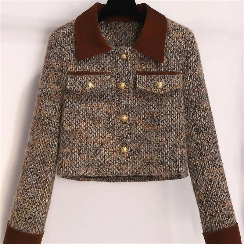 Korean Women Short Tweed Woolen Jacket And Skirts Outfit Autumn Winter Female Elegant Jacket + High Waist Skirts 2 Piece Set