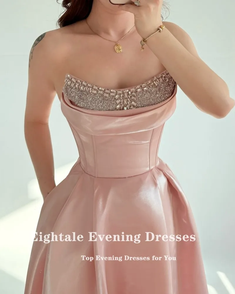 Eightale ピーチイブニングドレス ストラップレス ビーズ スパンコール カスタマイズ フロアレングス A ライン サテン プロム ウェディング パーティー ドレス