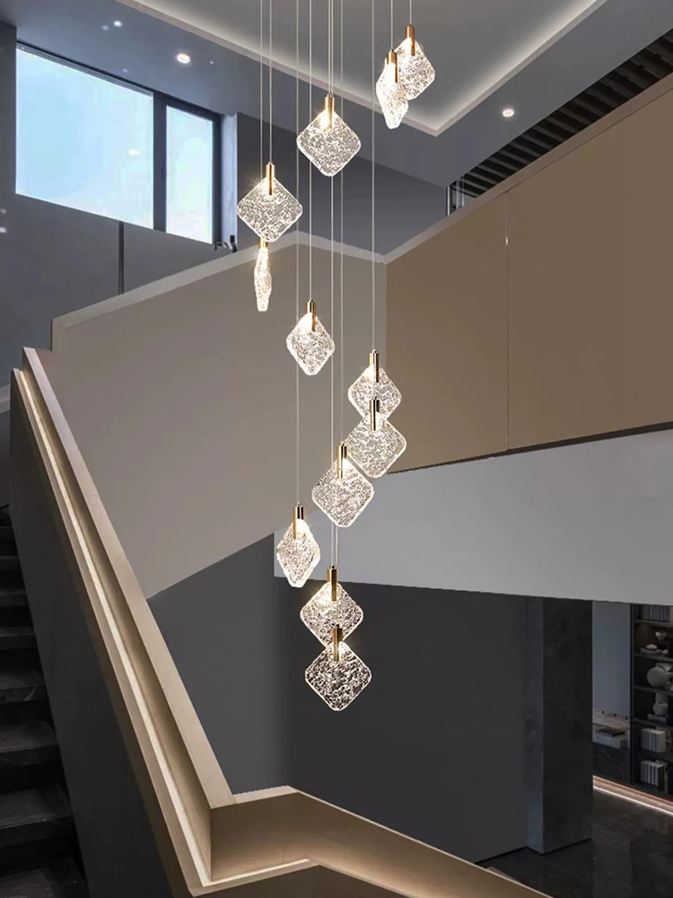 

Loft Ceiling Pendant Lamp Luxury Living Room Stair LED Lighting Chandeliers Duplex Design Square Crystal Staircase Pendant Lamp