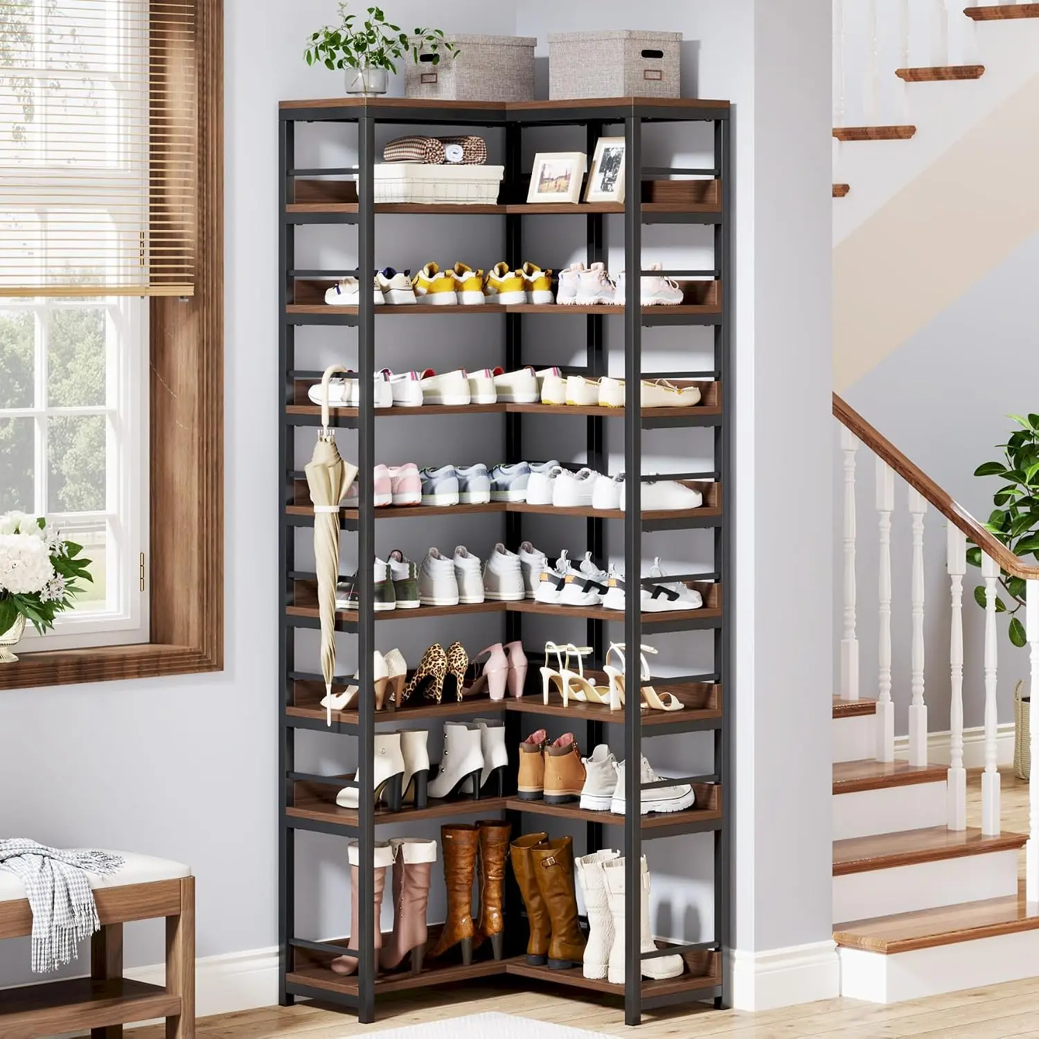 9 Tier Corner Shoe Rack Tall Vertical Organizer Freestanding Storage Shelf Entryway Closet Space Saving Rustic Brown, Customized