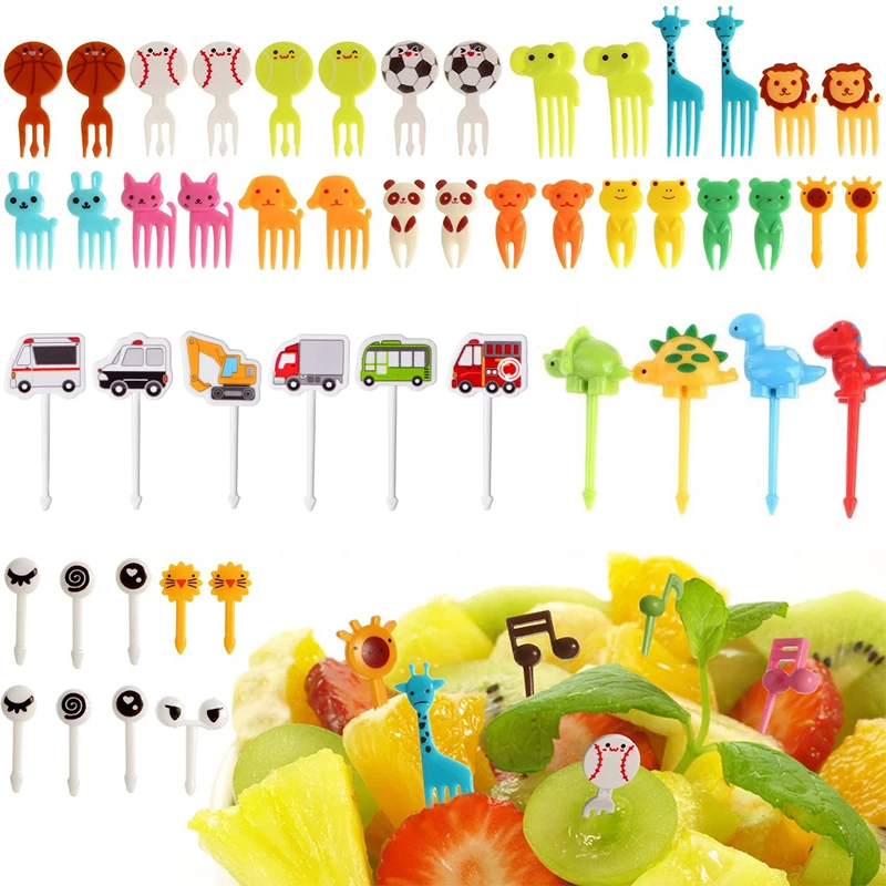 40PCS Obst Gabel Cartoon Kinder Kuchen Obst Zahnstocher Mini Tier Gabel Lebensmittel Grade Kunststoff Bento Mittagessen Bento Zubehör Party decor