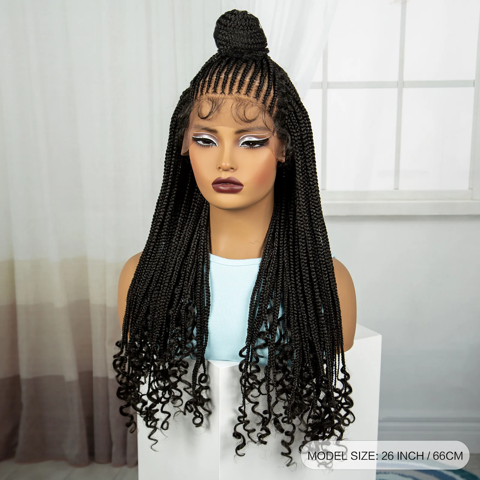 26 inches Synthetic Lace Front Updo Braided Wigs With Curly Ends 13x4 Cornrow Braiding Hair Wigs with Baby Hair for Black Women