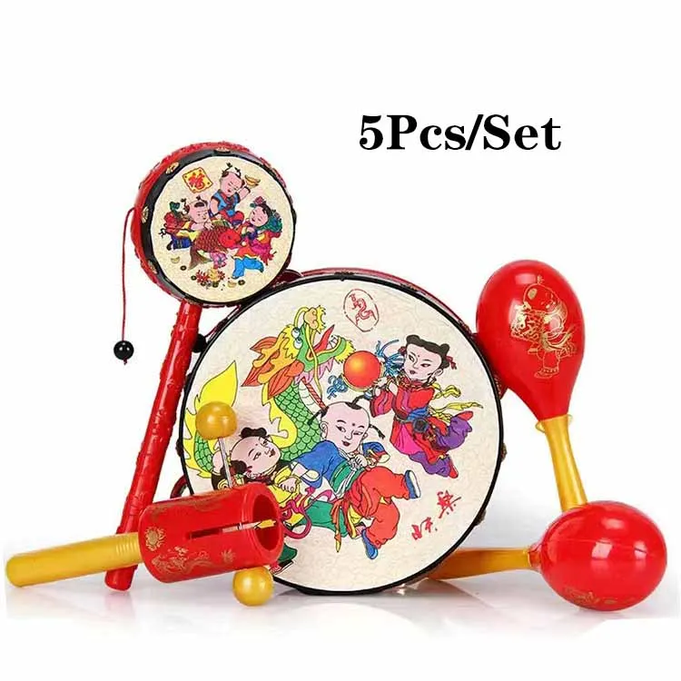 Infanzia Classic Nostalgia Set di strumenti musicali giocattoli 5 pz/set tamburi di buon auspicio pacifica che appendono a mano tamburi sonaglio giocattoli