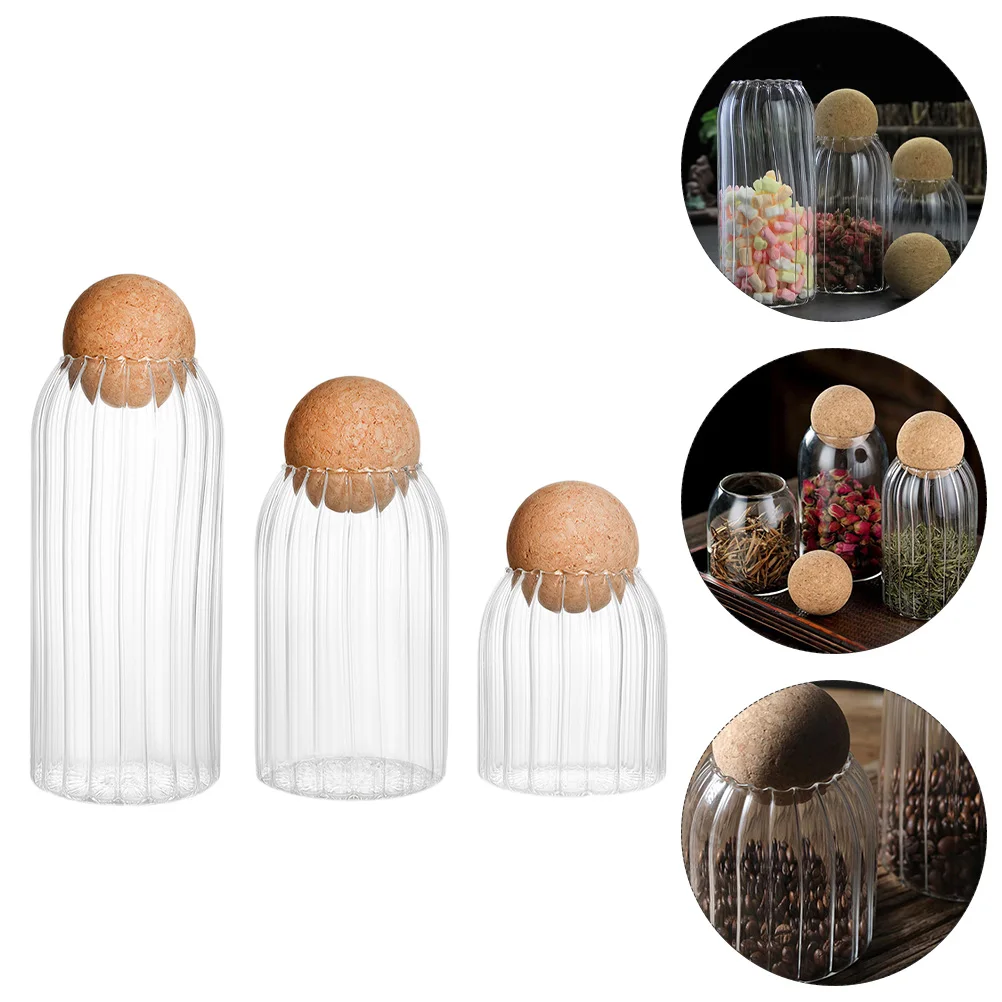 

3pcs Glass Tea Canister Round Transparent Food Storage Jar Cork Lid For Coffee Tea Snacks Sealing Container Kitchen Pantry