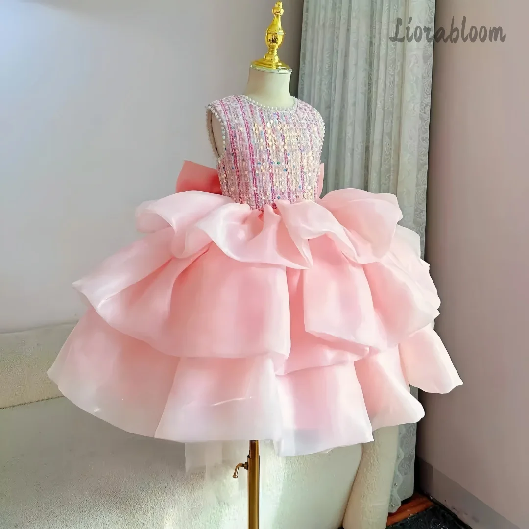 Pink Rhinestone Embellished Flower Girl Dress Short Puffy Formal Party Ball Gown for Little Girls