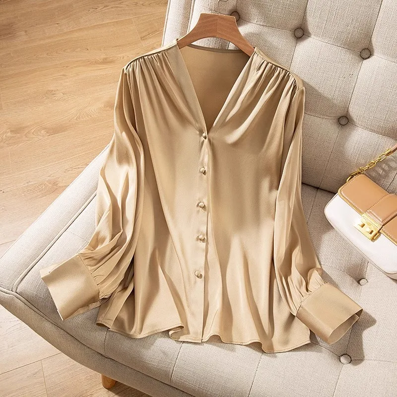 Classic Elastic Double Qiao Champagne Solid Color Long Sleeved Women's Fashionable 93%Natural Mulberry Silk Shirt