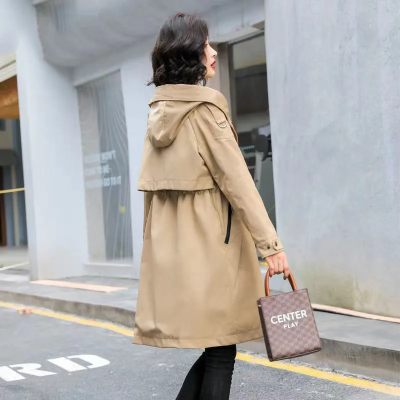 Korean Long Trench Coat Women 2024 Spring Autumn Casual Hooded Drawstring Windbreaker Female Overcoat