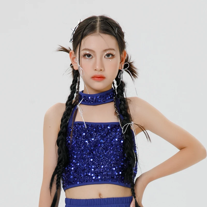 Traje de baile de Jazz azul para niña, disfraz de actuación, modelo tecnológico, espectáculo en escenario en T, conjunto de traje de baile callejero a la moda