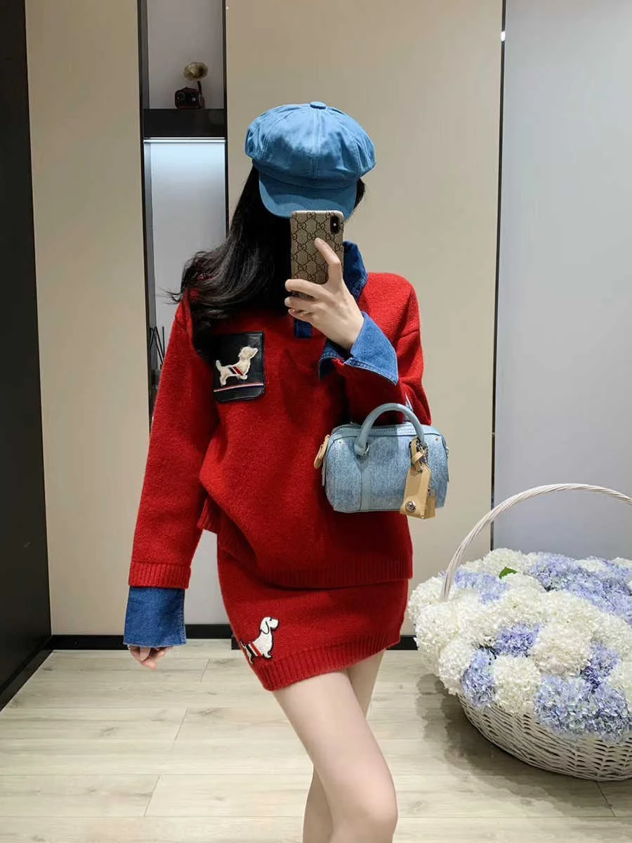 

Seoul Cleanfit Embroidered Dog Collar Denim Patchwork Knitted Sweater ort Skirt Two-Piece Set Women's Loose Fit Long Sve