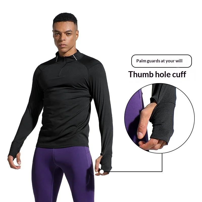 Men's Finger Hole Design Fall Winter Compression Shirt Half Zip High Neck Quick Dry High Stretch Running Gym Training Sport Top view 2