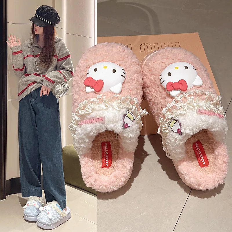 2024 Cotton Slippers Cartoon Melody Hello Kitty Kuromi Cotton Slippers New Women's Winter Warm Cotton Non slip Slippers