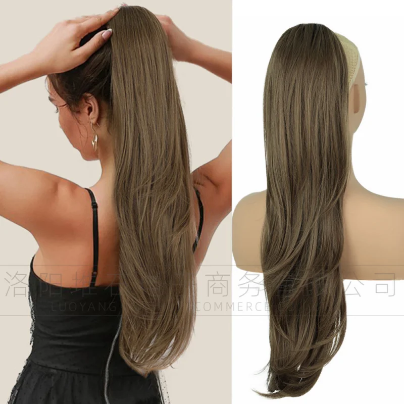 Women's , European and American long straight hair wigs, drawstring ponytail extensions, African slightly curled synthetic f