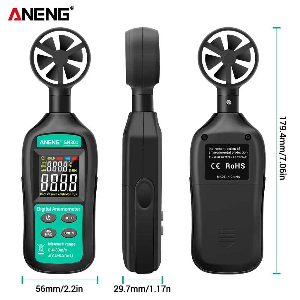 ANENG GN301 مقياس رقمي لشدة الرياح 0-30 متر/الثانية مقياس سرعة الرياح-10 ~ 45C جهاز قياس درجة الحرارة Anemometro مع LCD الخلفية عرض