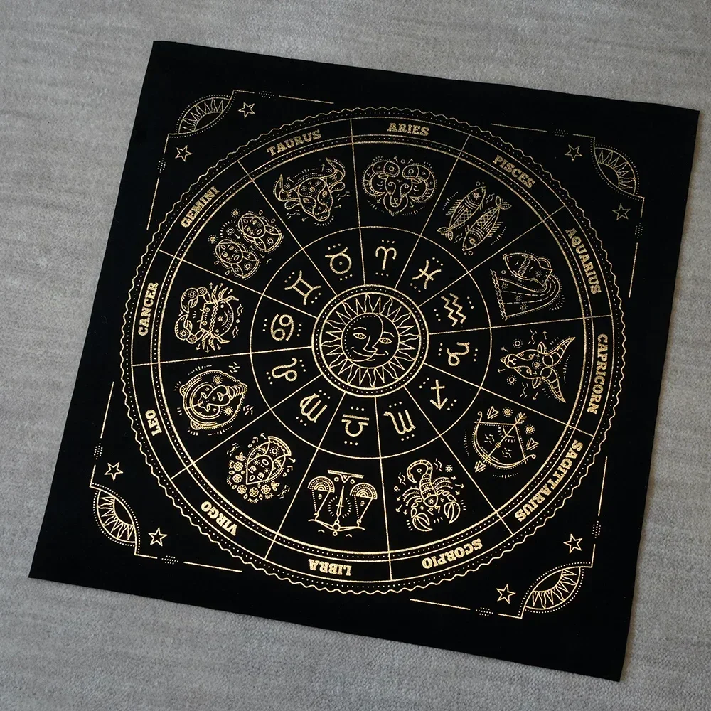 12 Sun Signs Wheel Tarot Altar Cloth with Zodiac Signs Calendar Tarot Deck for Reading Black Velvet Fabric Desk Mat Astrology