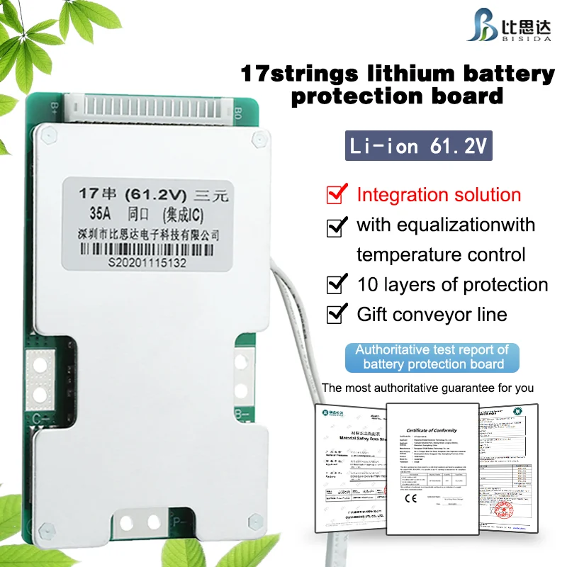 Bisida BMS 17S 60V common port protection board with balance line and NTC for solar storage lithium-ion battery pack