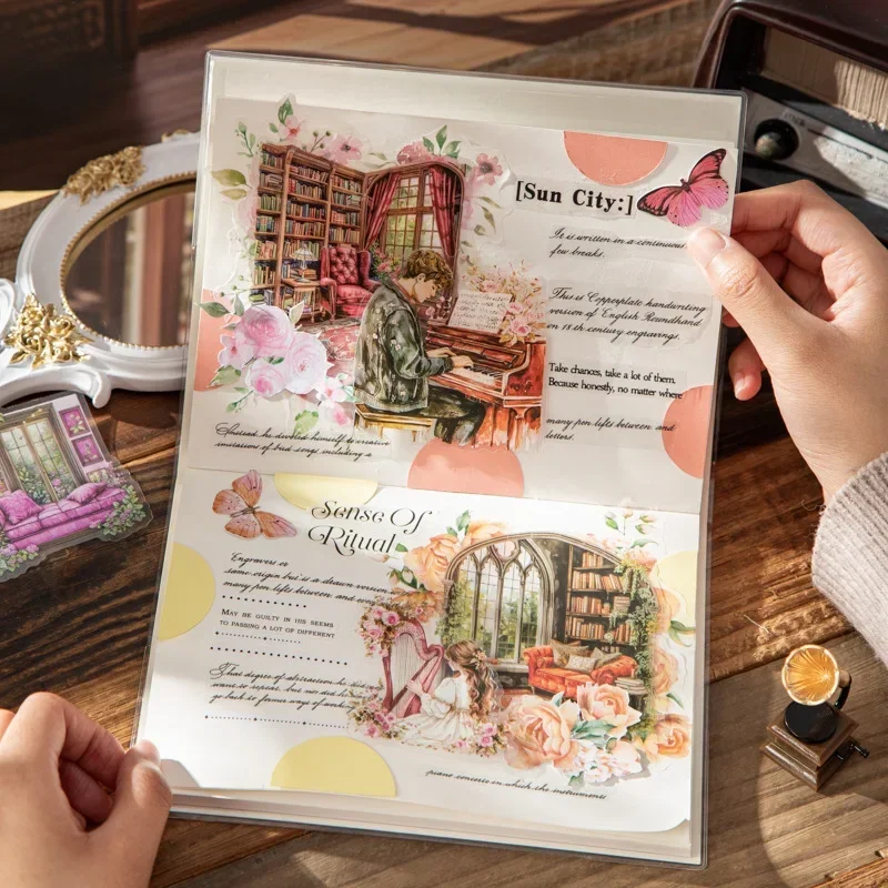 10 Pcs Light Vintage Stationery Window Reading Corner Series PET Sticker Pack Maple Leaf Rhythm Book Window View Theme 141*90mm