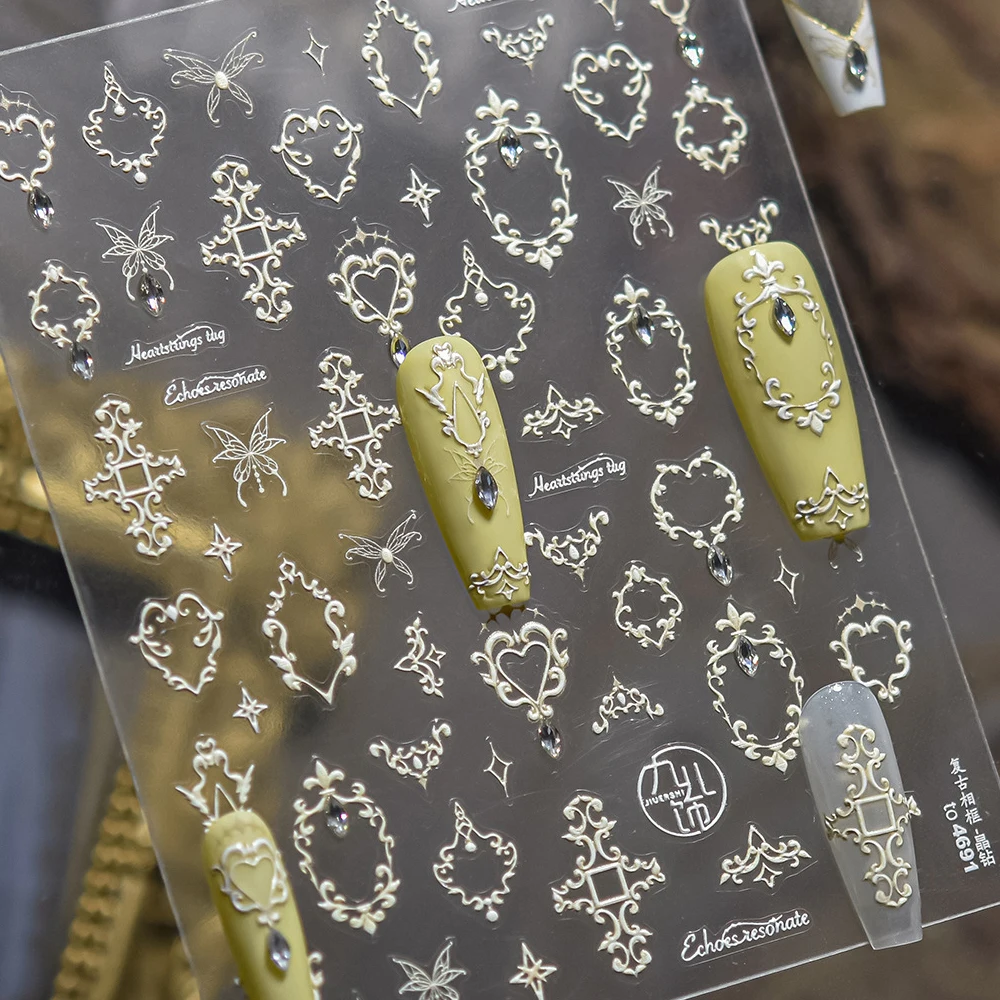 العتيقة الأبيض إطار ملصقات الأظافر النمط الصيني أناقة الباروك الزهور الزخارف التألق 5D الراين الفاخرة مانيكير صائق #1