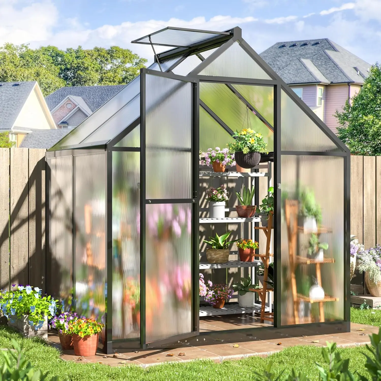 4x6 FT Quick Setup Polycarbonate Greenhouse with Roof Vent, Large Aluminum Walk-in Green House for Outdoor Garden Backyard,