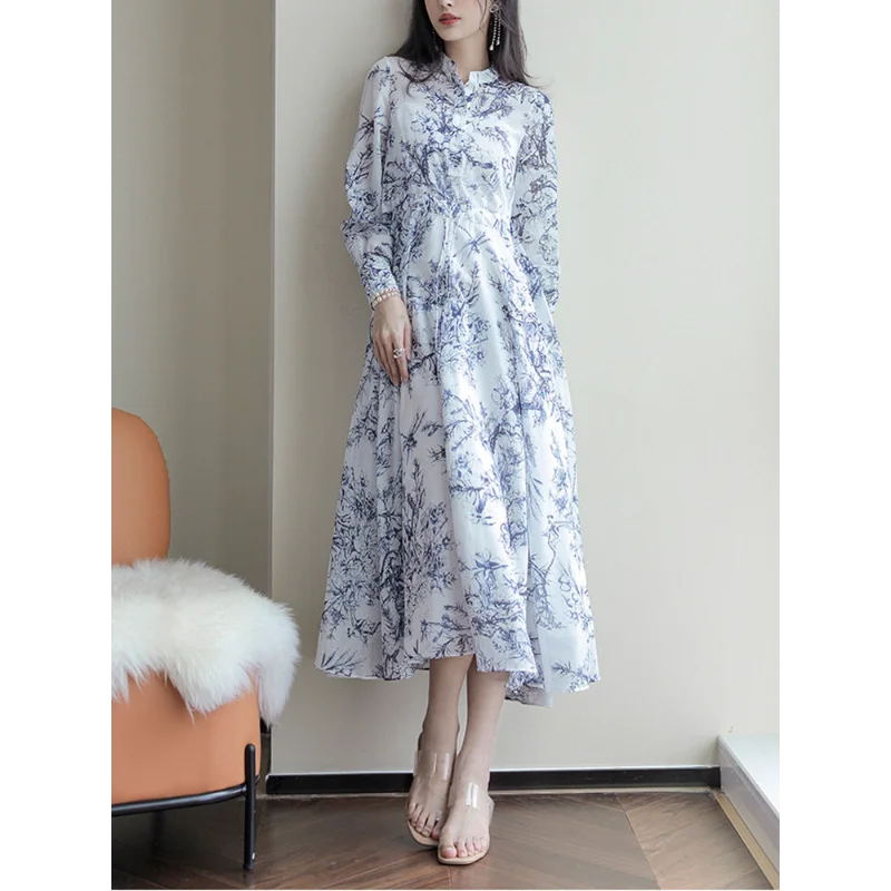 Theepauze Klassieke prints Chinese stijl High-end elegant temperament Veelzijdige taille-knuffelende mode Trendy jurk met lange mouwen