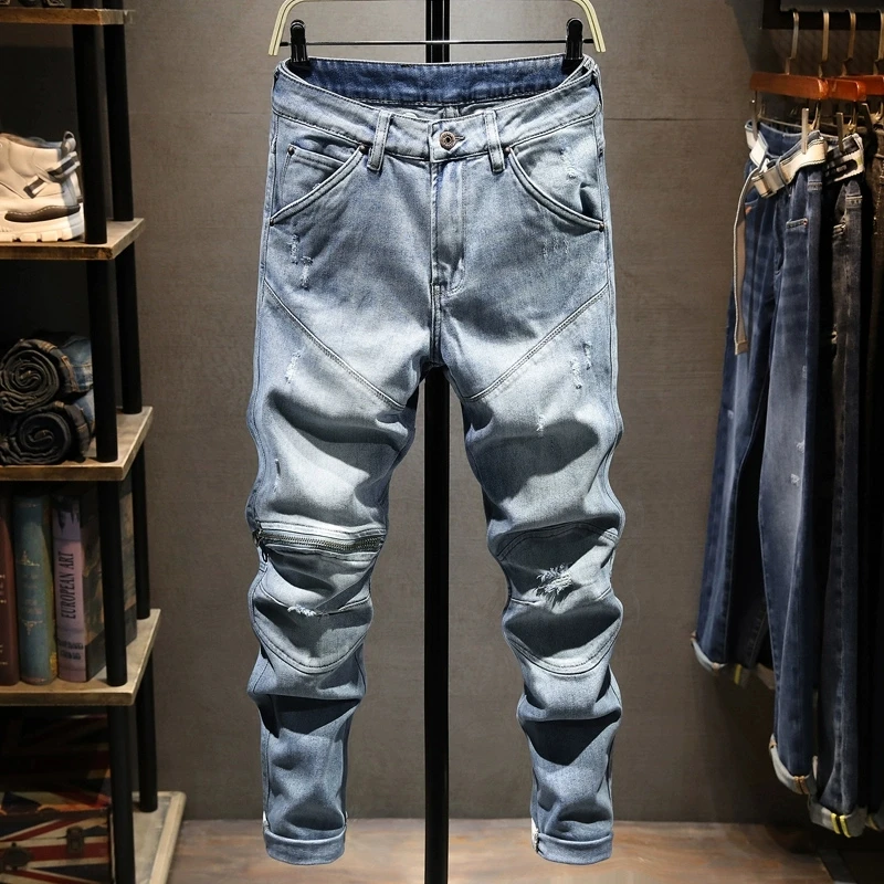 Men Jeans Light Blue Washed Denim Pants Stitching Scratch Design Elastic Slim Streetwear Men Jeans