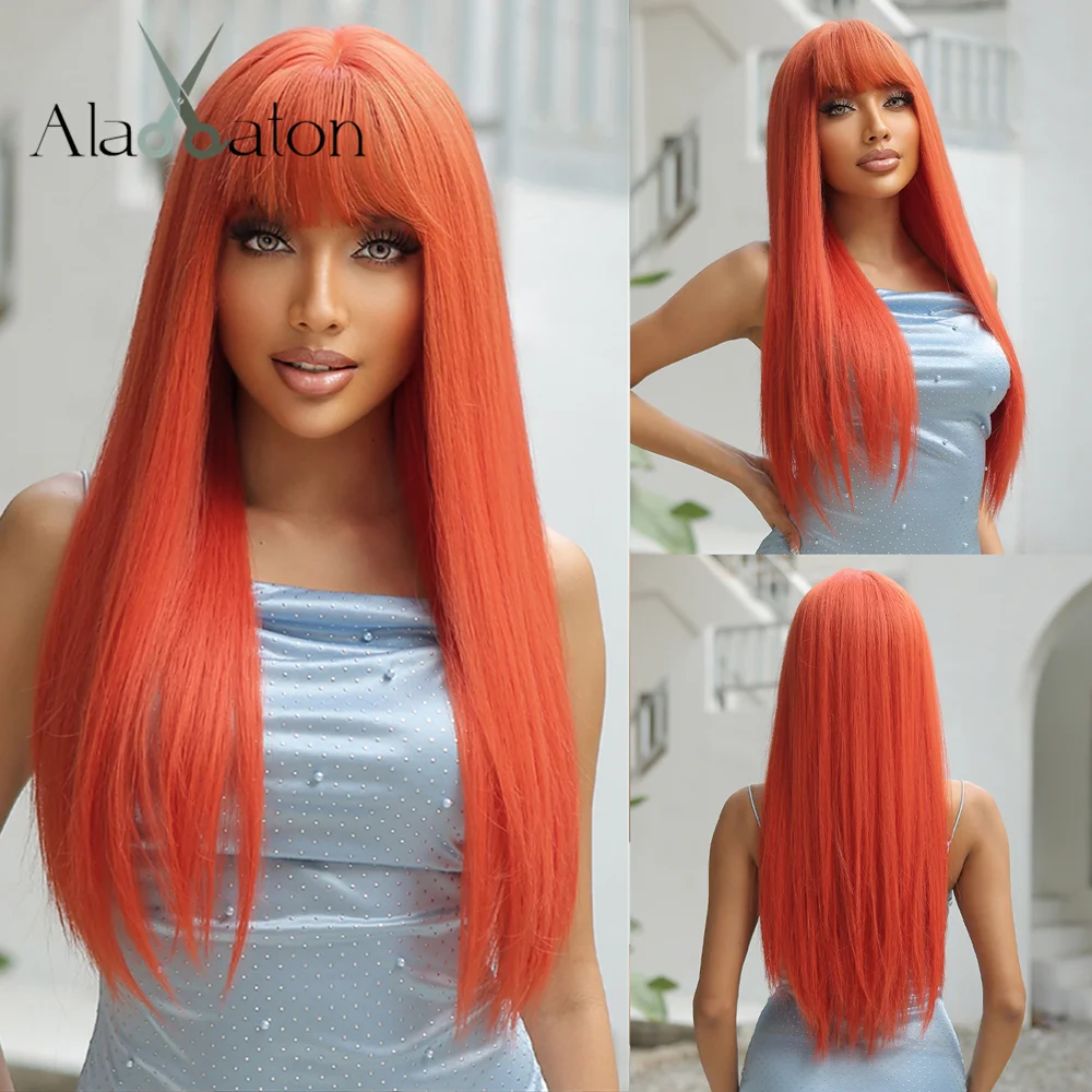 ALAN EATON Orange Long Straight Synthetic Wigs with Bangs Colorful Cosplay Halloween Hair Wig High Temperature Fiber for Women