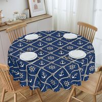 Custom   Floral Stripe Sailor Wheel Anchor Tablecloth Waterproof Oil-Proof Table Covers 60 inches Nautical Sailors Table Cloth