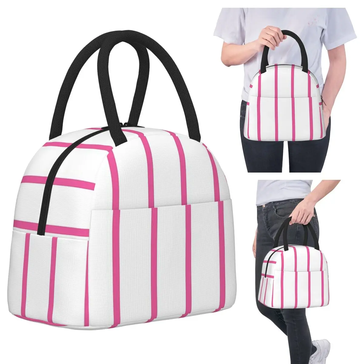 

White Pink Stripe Style Insulated Lunch Bag for Women Office Cooler Thermal Food Box Tote Portable Lunch Boxes Container
