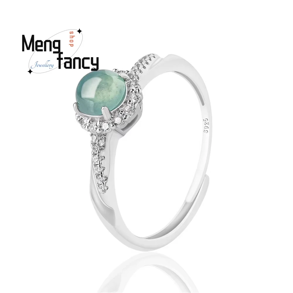 Best Selling S925 Silver Inlaid Natural A Goods Jade Blue Water Ring Ice Jadeite Fashion Ring Women's Ring Adjustable Popular