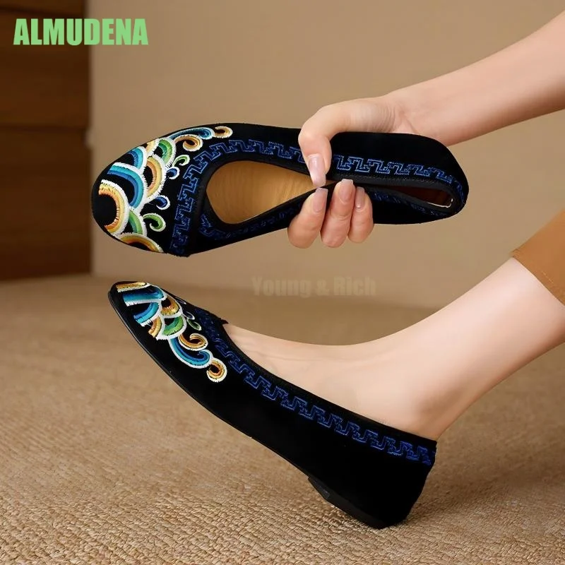 Colorful Embroidery Slip On Flats Vintage V Cut Round Toe Soft Fabric Low Flat Sole Traditional Chinese Style Daily Flat Shoes