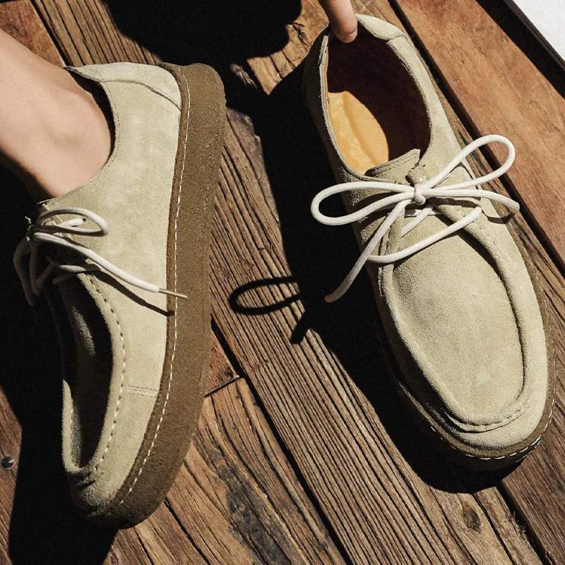 Vintage Man Casual Shoes Lace-up Cow Suede Genuine Leather Comfortable Driving Flats For Men Outdoor Oxfords