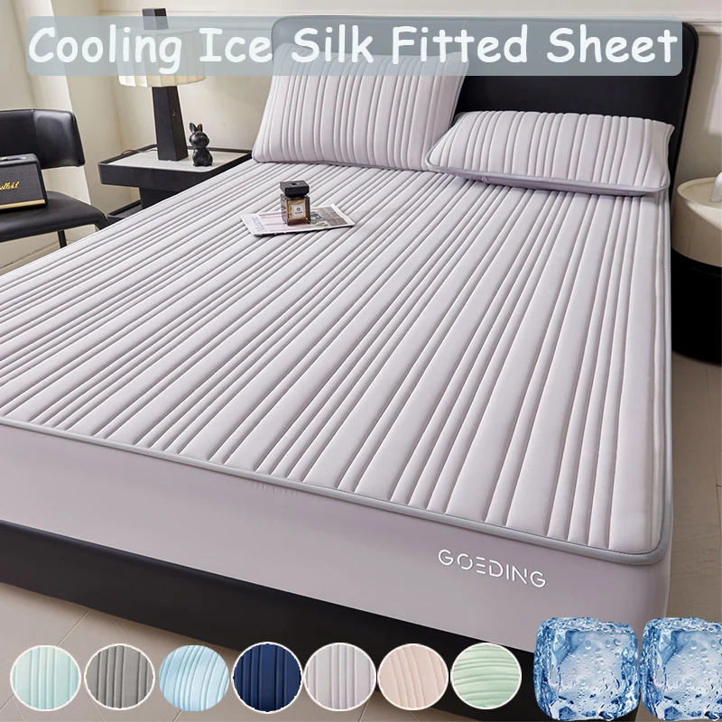 

1pc Cooling Ice Silk Fitted Sheet – Non Slip Deep Pocket, Machine Washable Summer Bed Sheet for Hot Sleepers, Soft & Breathable