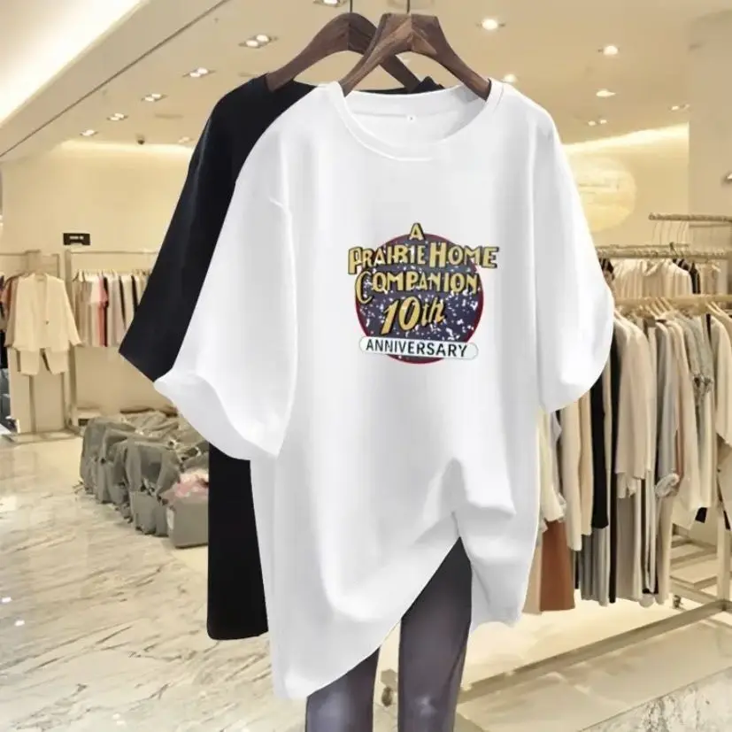 

Women's Pure Cotton Short-sleeved T-shirt Summer New Mid-length Loose Half-sleeved Top CHIC Y2K Printed Pullovers