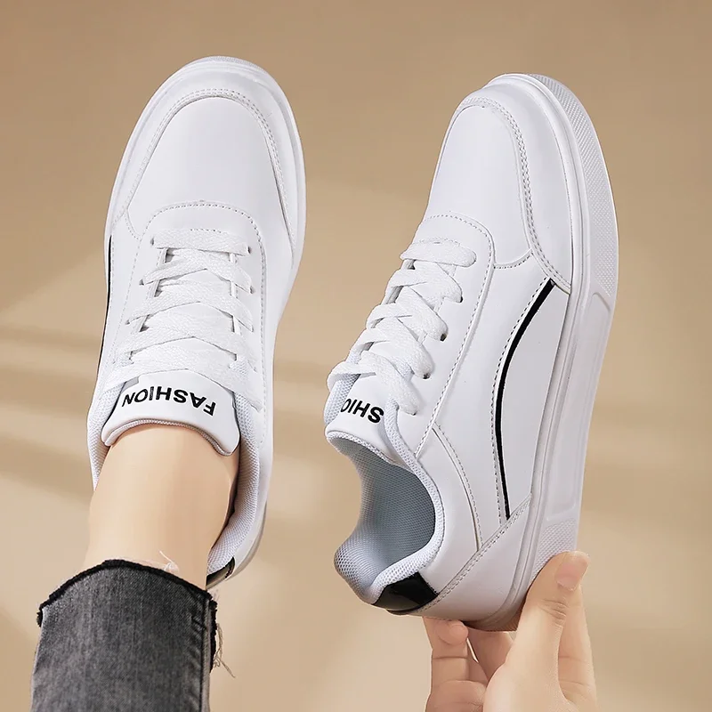 

Women Board Casual Shoes Lace Up White Shoes Flat Female White PU Leather Walking Sneakers Thick Sole Outdoor Luxury Fashion
