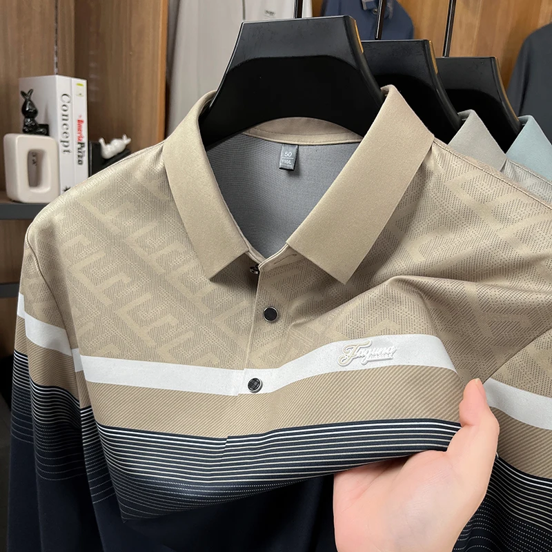 

Мужская рубашка поло с длинным рукавом, жаккардовая полосатая рубашка с лацканами, дышащая весенне-осенняя деловая повседневная классическая офисная одежда, футболка, мужская одежда