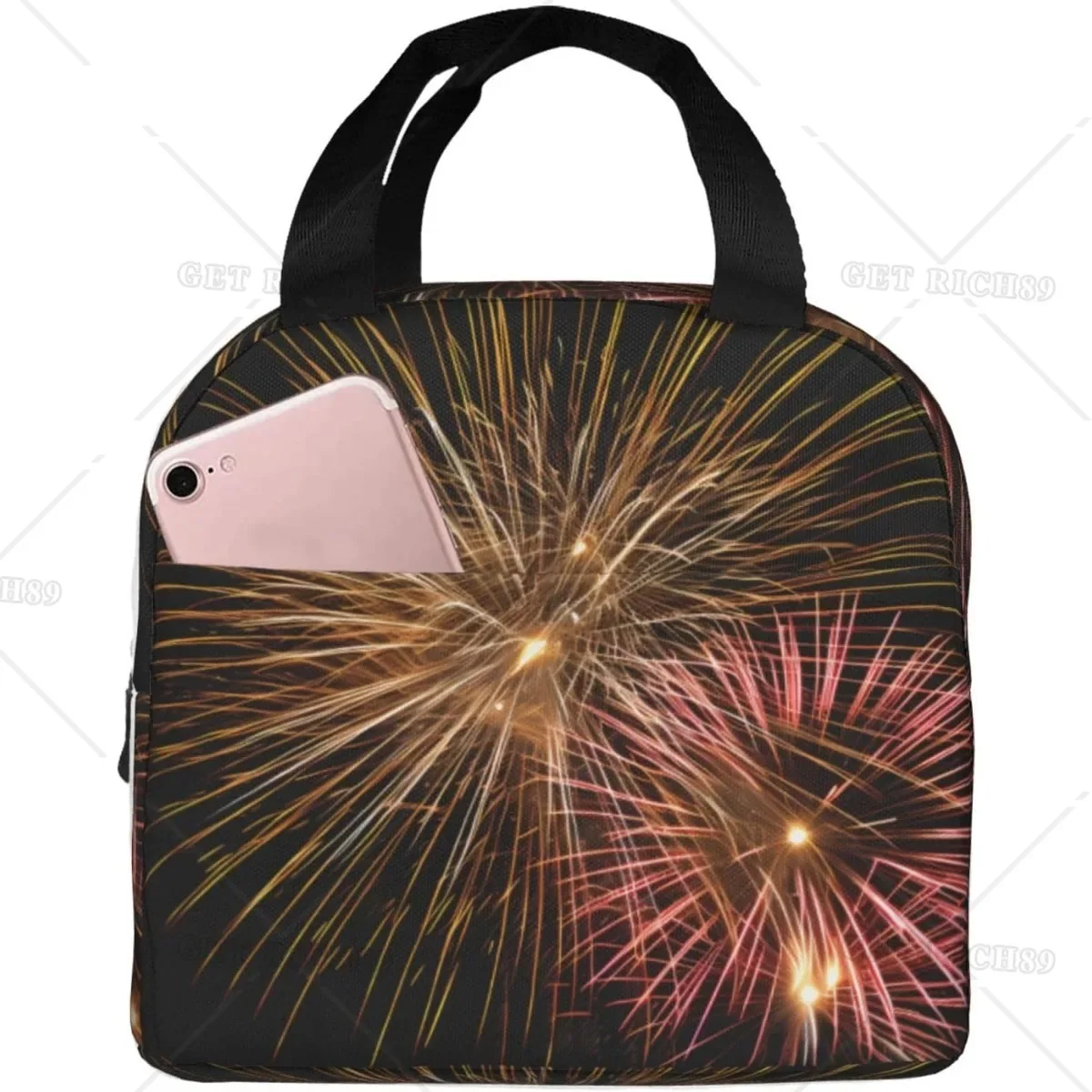 Black Fireworks Insulated Lunch Bag for Women Men - Chic & Practical, Black Flowers Lunch Box for Picnics, Outdoor Adventures