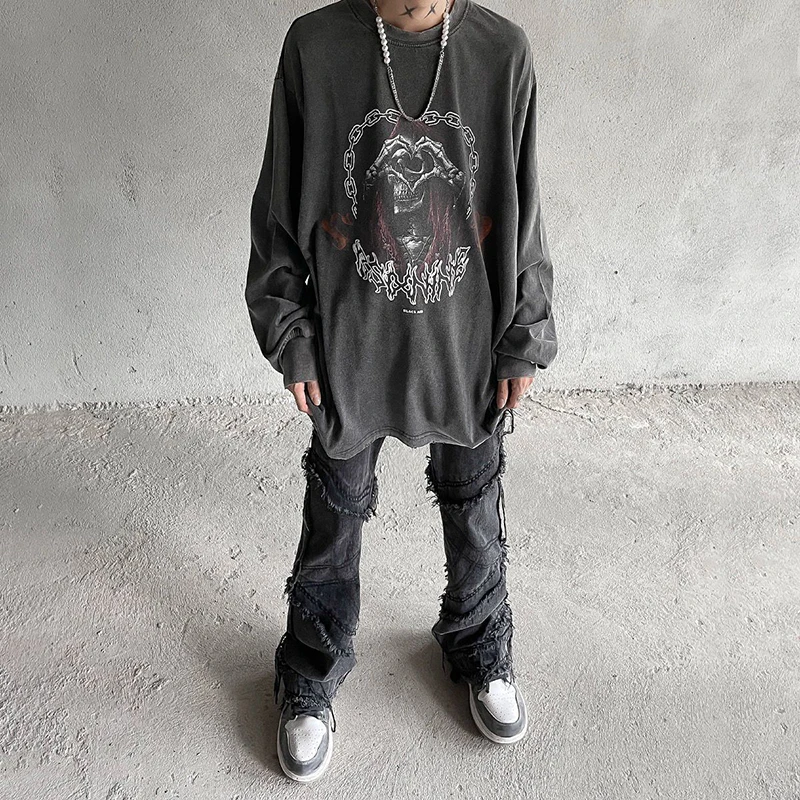 Dark Skeleton Love Print Women O Neck Long Sleeve T Shirt Fall Fashion Vintage Highstreet Hip Hop Loose Clothes Halloween Unisex