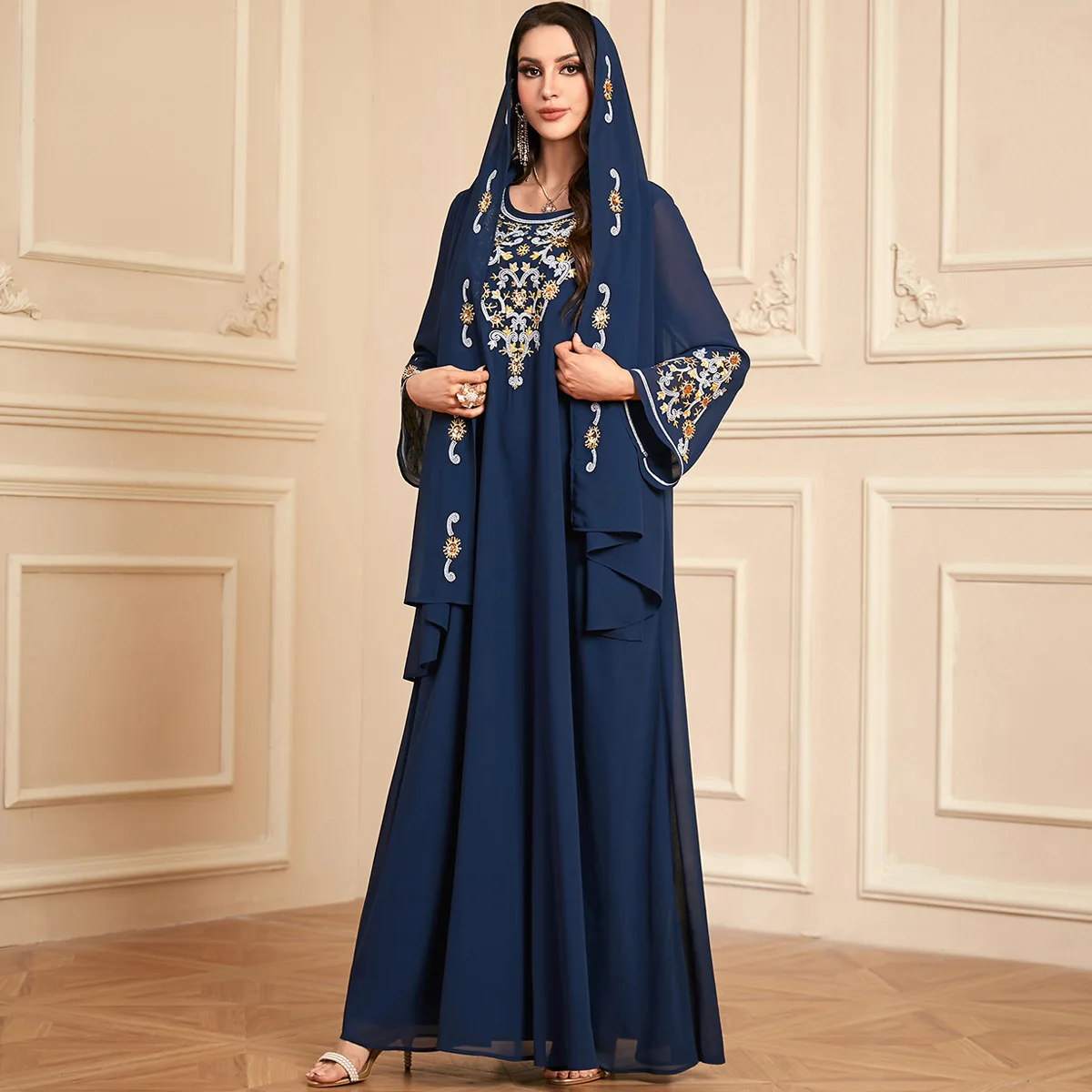 

Eid Djellaba Embroidery Abaya Dubai Kaftan Women Muslim Dress with Hijab Islam Jalabiya Ramadan Caftan Femme Robe Khimar Vestido