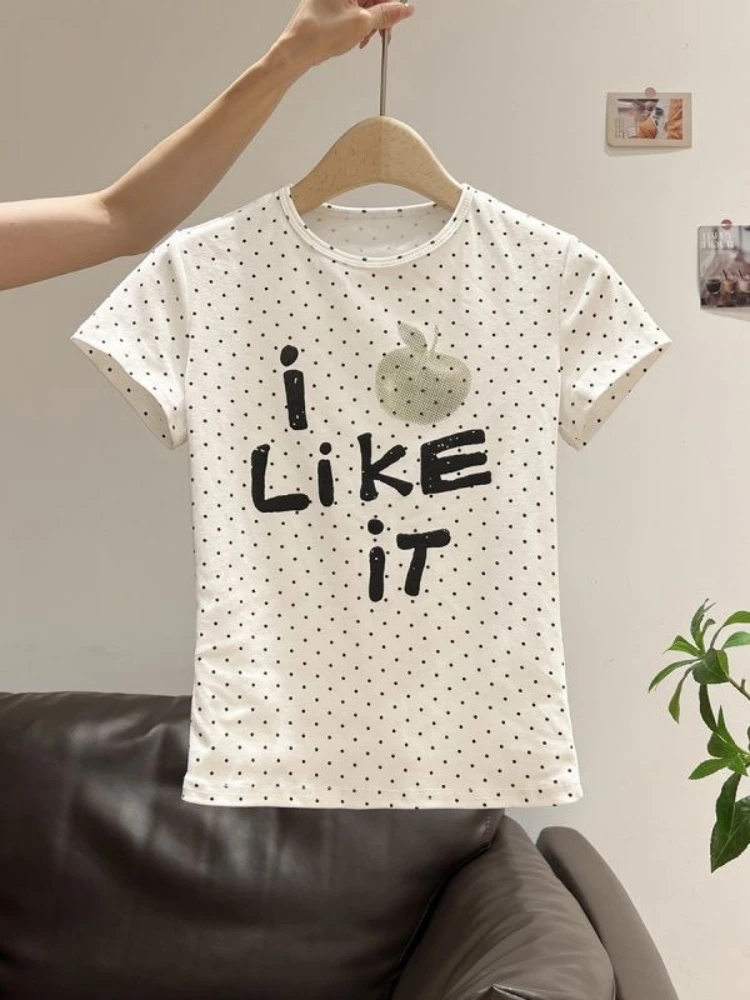 Czysta Bawełna Koreańskie Słodkie Urocze Koszulki w Białe Kropki Zabawny Nadruk \"I Like It\" Unikalne T-shirty Y2K Młodzieżowe Damskie Lata 2000 Retro Letnia Koszulka