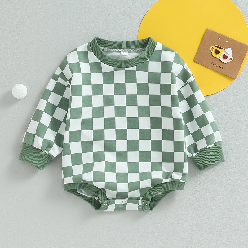 Baby Boy Girl Checkered Sweatshirt Bodysuits Oversized Long Sleeve Bubble Romper Jumpsuits Tops Neutral Baby Fall Clothes